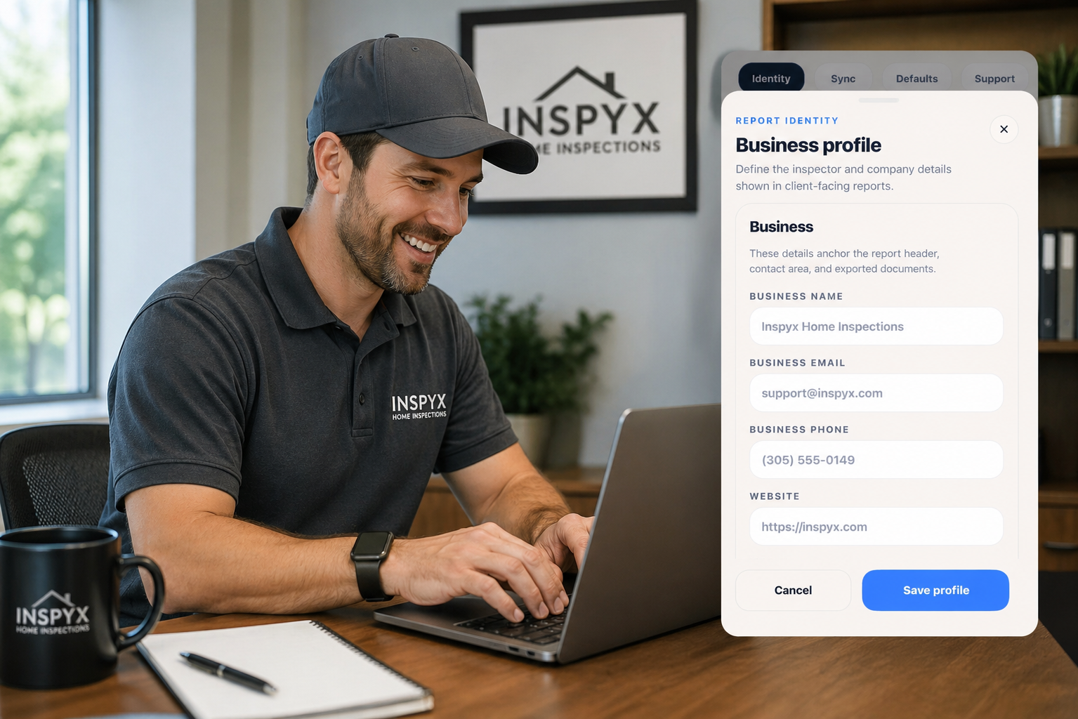 Home inspector configuring the business profile dialog on a laptop, with company name, email, phone, and website fields visible